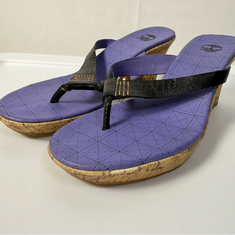 Timberland Women's Black Purple Wedge Sandals size 7 Cork Heels Casual Thong Y2K